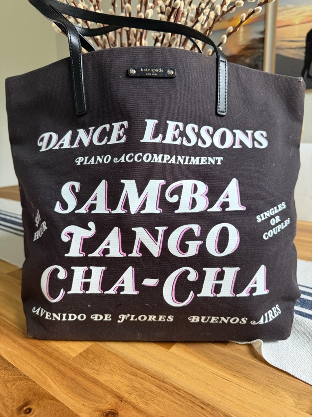 kate spade Black Canvas Tote with Pink & White Graphic Text